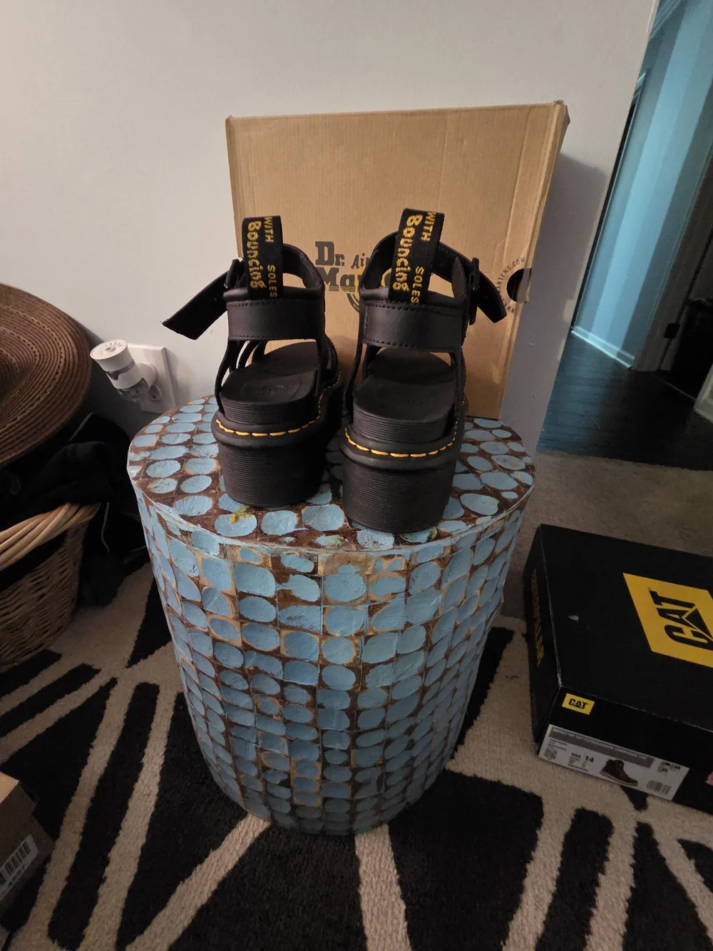 Doc Martens Black Platform Strappy Sandals with Yellow Stitching